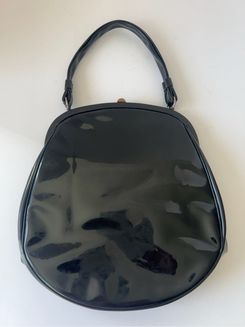 Vintage Lewis Black Patent Handbag 1960s Gold Hardware Structured Top Handle - Picture 3 of 11